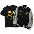 oryggy bundle product shot with TWAEK t-shirt and Olympic Reflux varsity jacket
