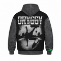 Black oversized streetwear hoodie back-view ghost mannequin mockup on a white background featuring a large metallic ORYGGY logo, monochrome skateboarder graphic, cracked concrete texture sleeves and hood, and neon green graffiti detail on the cuff.