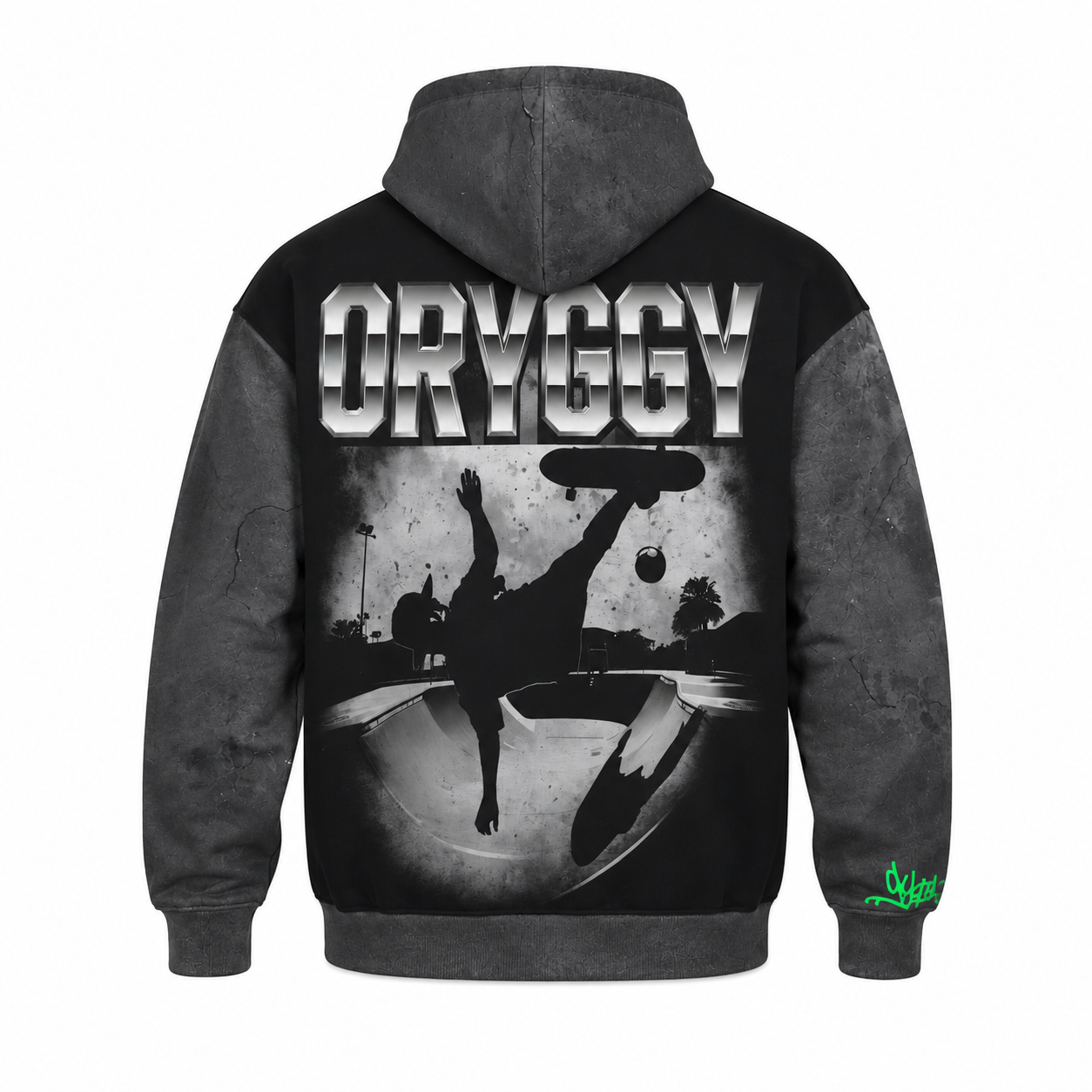 Black oversized streetwear hoodie back-view ghost mannequin mockup on a white background featuring a large metallic ORYGGY logo, monochrome skateboarder graphic, cracked concrete texture sleeves and hood, and neon green graffiti detail on the cuff.