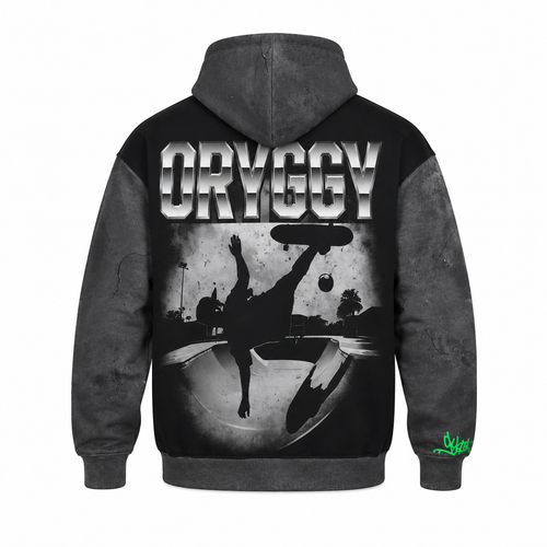Black oversized streetwear hoodie back-view ghost mannequin mockup on a white background featuring a large metallic ORYGGY logo, monochrome skateboarder graphic, cracked concrete texture sleeves and hood, and neon green graffiti detail on the cuff.