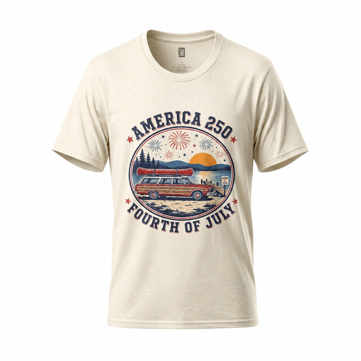America 250 Fourth of July patriotic T-shirt on ghost mannequin with vintage station wagon, canoe, fireworks, lake sunset graphic, and retro Americana design on a natural cream shirt against a white background.